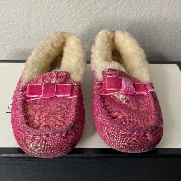UGG ANNMARIE 003086K Fuschia Pink Glitter Fur Shoes Slip On Girl Kids 1 US/13 UK - Picture 1 of 13